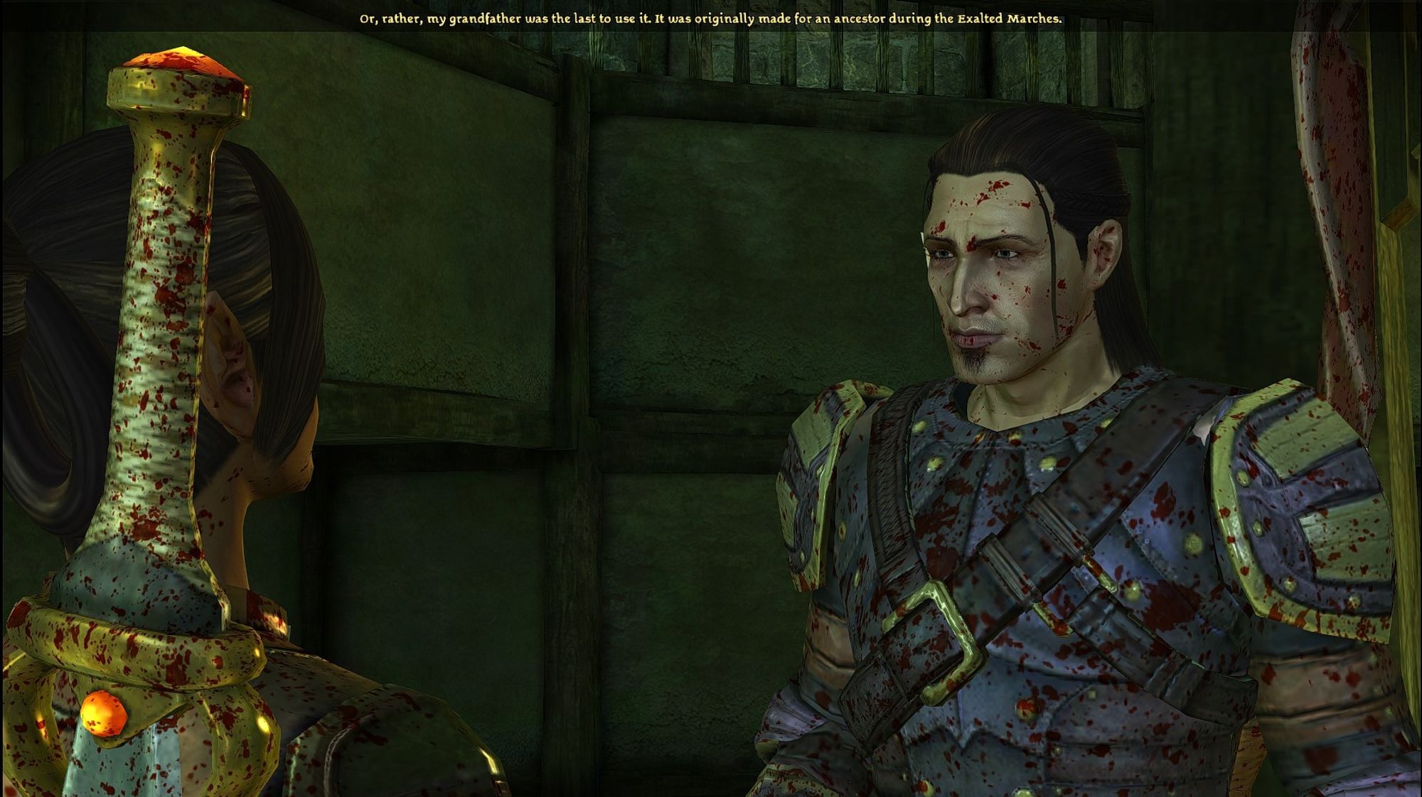 screenshot of Dragon Age: Awakening, cutscene convo with Nathaniel Howe after giving him the Howe longbow. His dialogue reads,"Or, rather, my grandfather was the last to use it. It was originally made for an ancestor during the Exalted Marches."