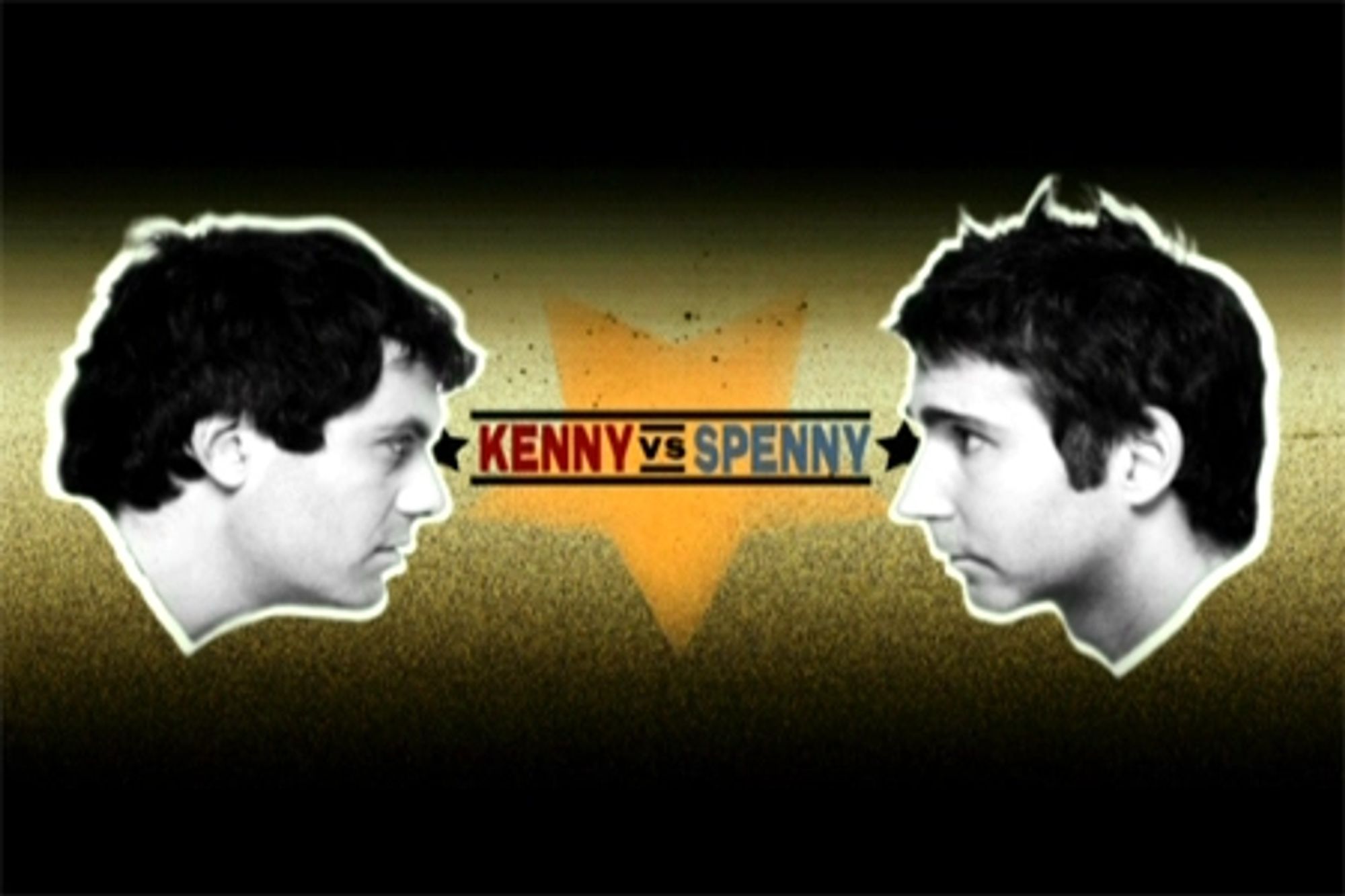 Promo graphic from the TV show, Kenny vs Spenny. Kenny and Spenny are staring at each other. Kenny seems a bit mean and determined while Spenny seems a bit clueless