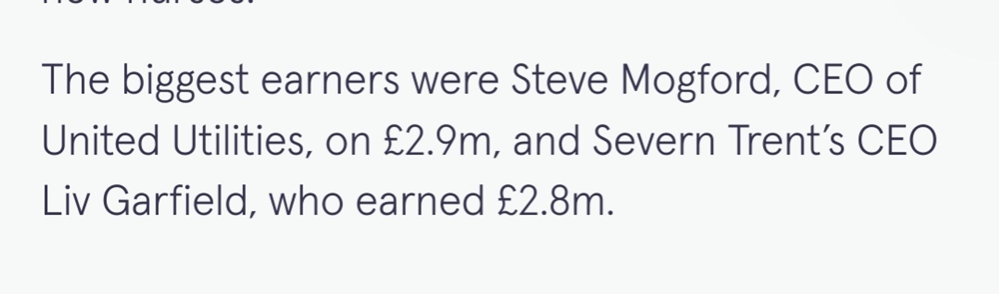 Screenshot of section of Independent article showing water company CEO pay for 2022, including Steve mogford of United utilities being £2.9m