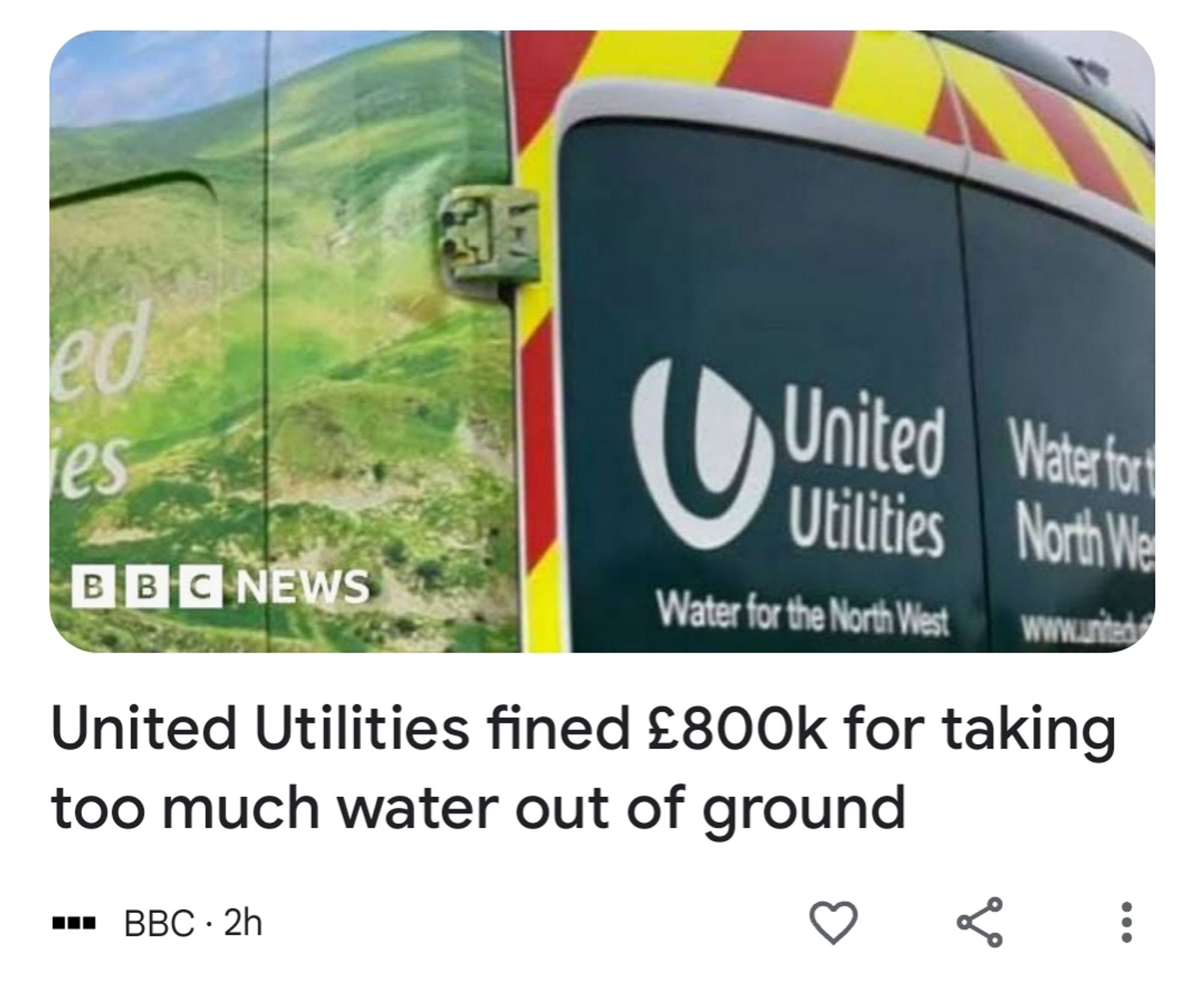 Screenshot of BBC news article about united utilities being fined £800k for using too much groundwater