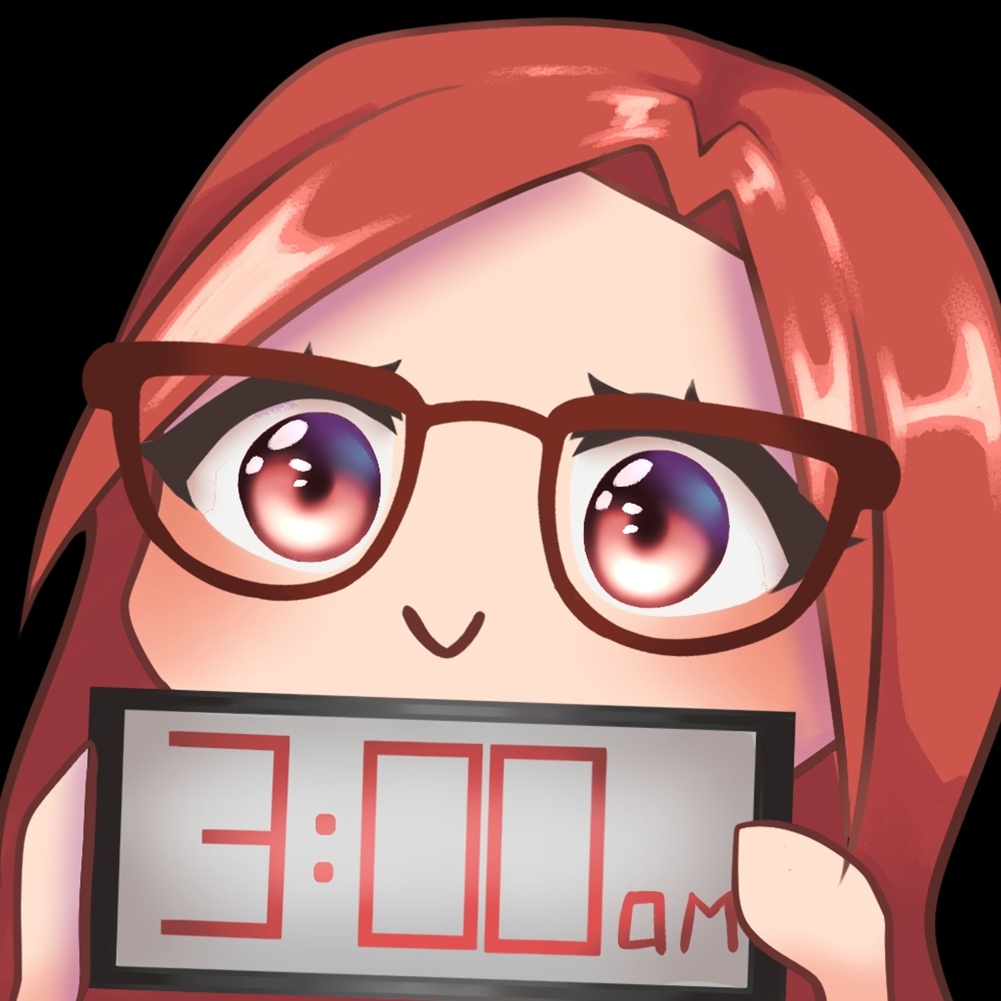 Welcome to 3am, an emote of myself holding a digital clock set to 3am.
Art by thefallenplush