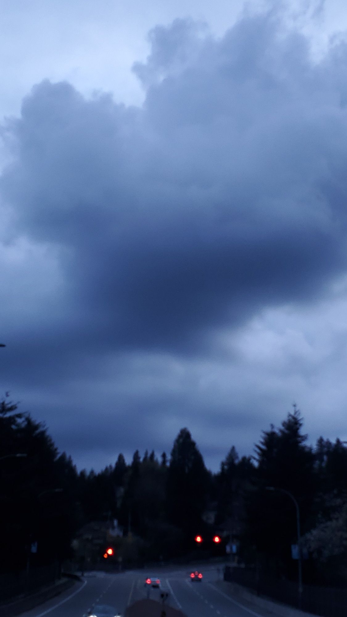 A photo taken of a highway with a huge dark grey cloud looming in the center of the frame. Taken in portrait.