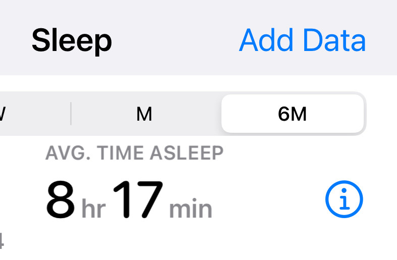 Screenshot from ios health app showing my average nightly sleep over the last 6 months is 8 hours and 17 minutes 