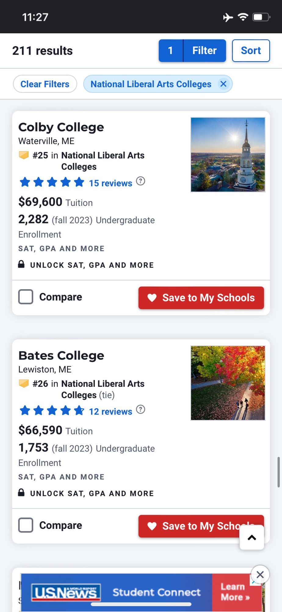 Screenshot of the latest US News ranking showing Colby College at #25 and Bates College at #26