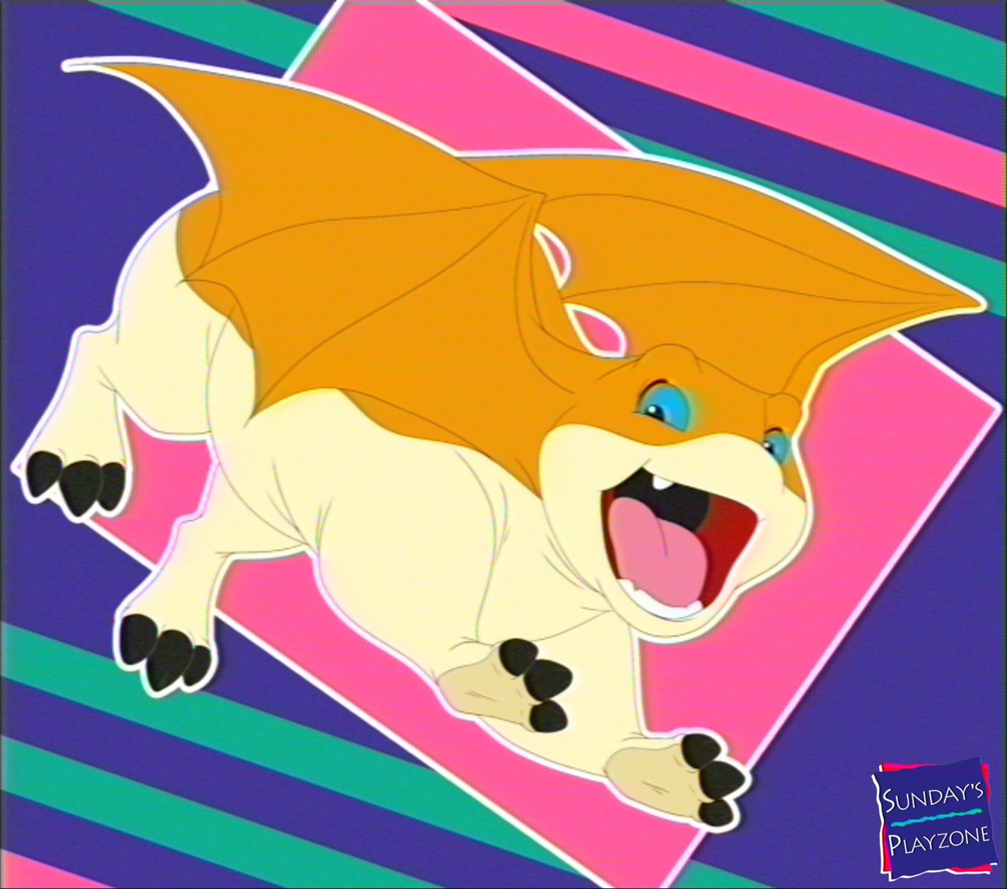 Patamon from Digimon looking happy as he flies with his arms out. The picture has the look of a vintage, retro, 80s, 90s VHS screenshot from a cartoon or anime.