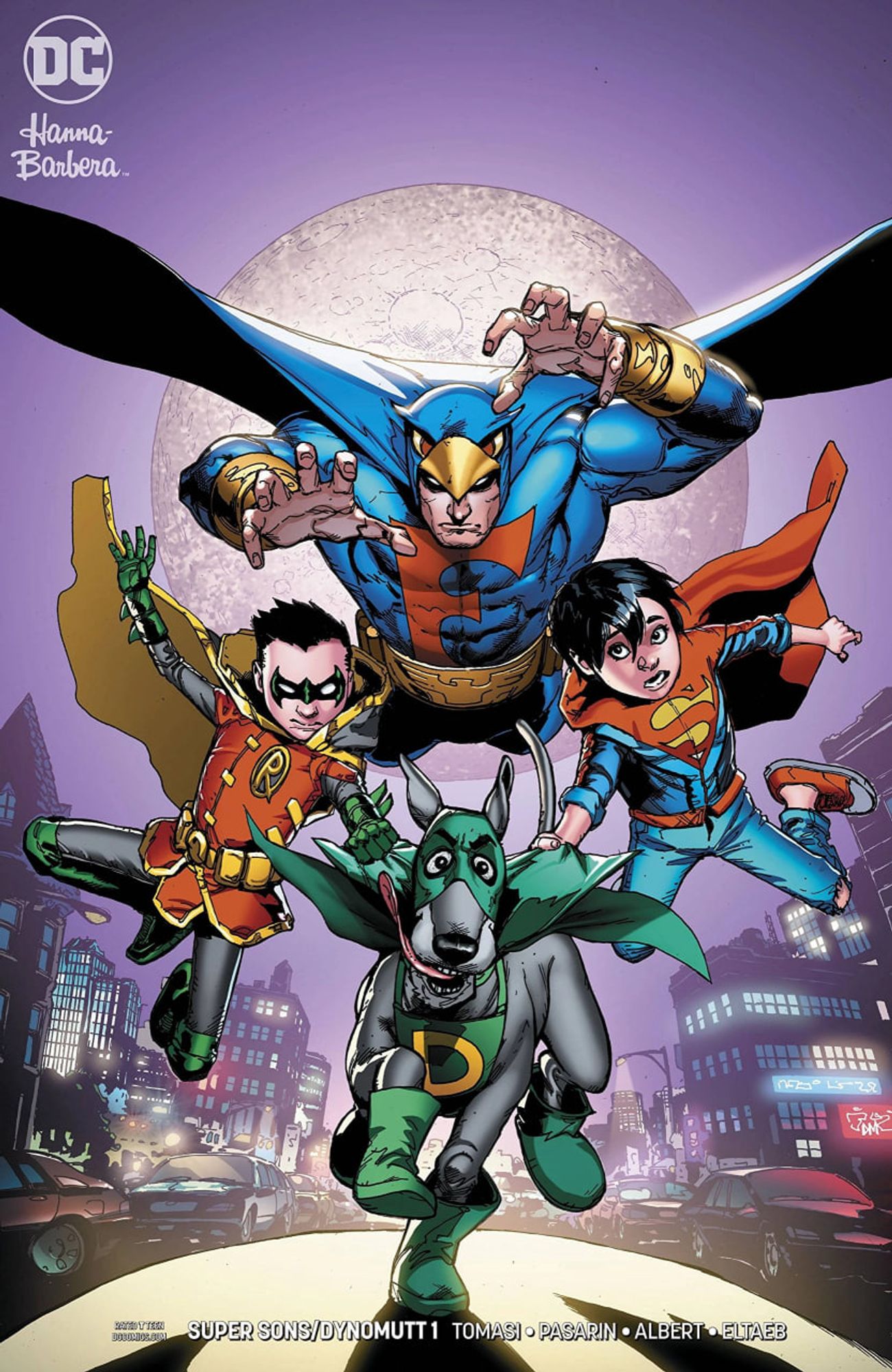 Cover for the super sons dynomutt crossover comic. The  design of the dog is very cartoonish and silly