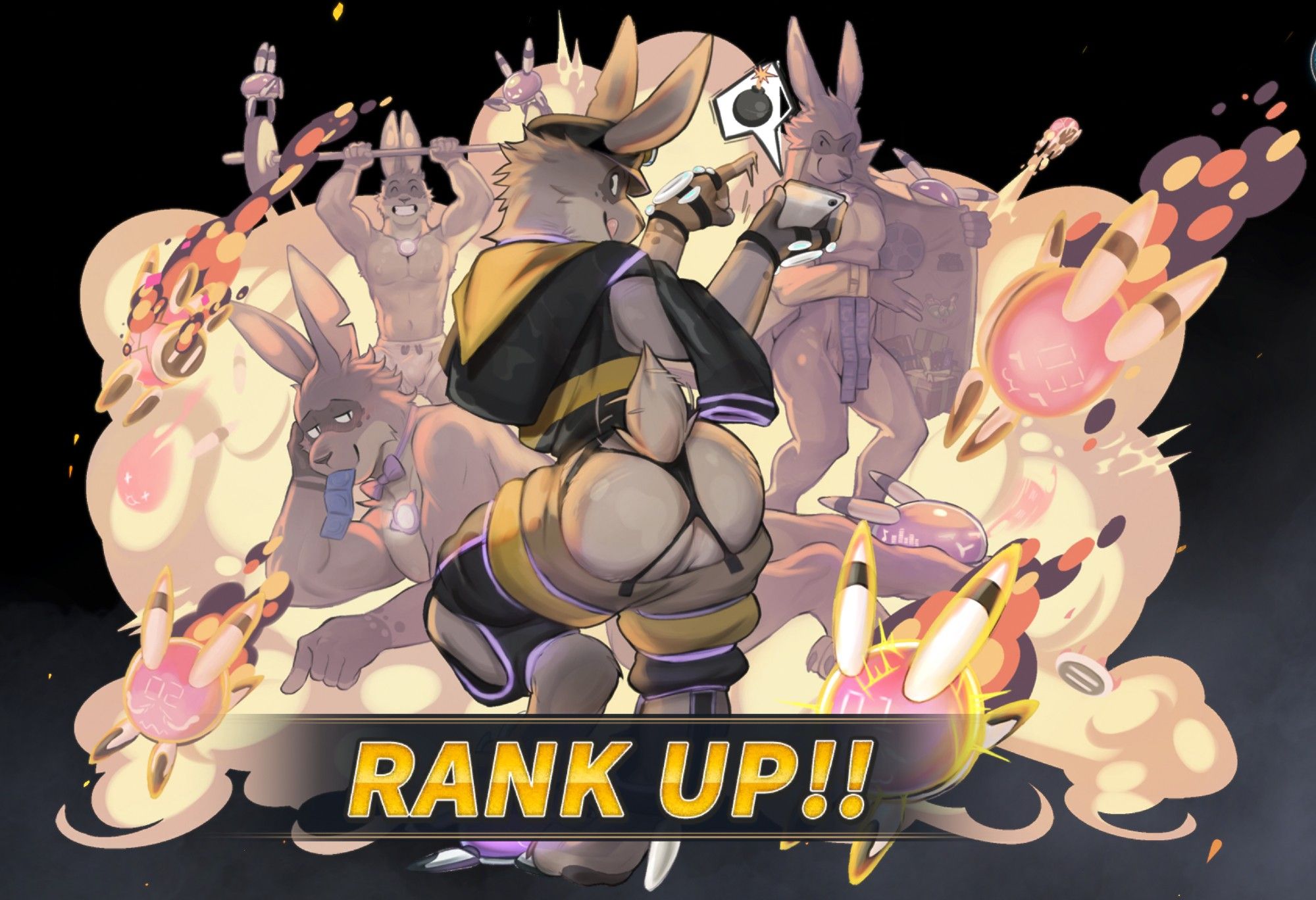 rank up card for baccarat from the game another eidos of dragon vein r, showing  many poses of a mostly naked anthropomorphic rabbit, working out, lying down with a roll of condoms in his mouth, or flashing and selling possibly illegal merchandise from a coat, naked under said coat