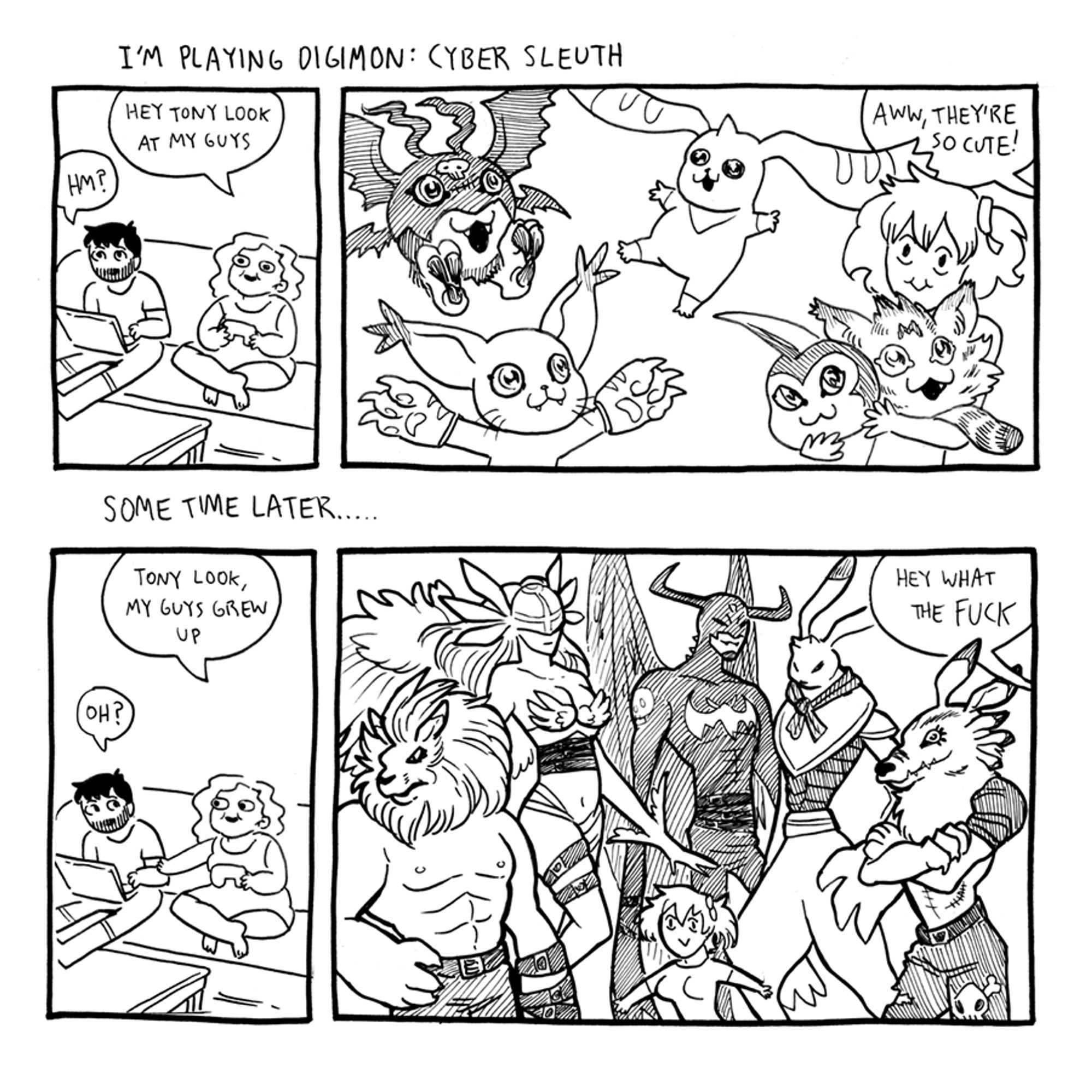 the abby howard comic showing that you start digimon with like ball  shaped animals that then turn into kinky queer furries and sadomasochistic angels