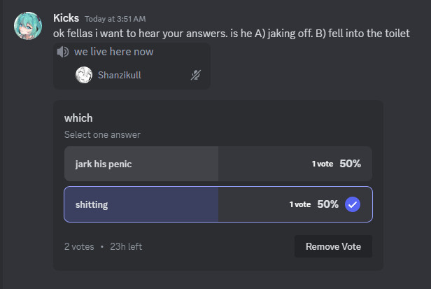 Message from Kicks reading "ok fellas i want to hear your answers. is he A) jaking off. B) fell into the toilet" with a screenshot of myself alone and muted in a voice channel. Followed by a poll titled "which" with 2 options: "jark his penic" and "shitting". both have 1 vote and i voted for shitting. i was actually brushing my teeth though but i voted shitting because both things take place in the bathroom.