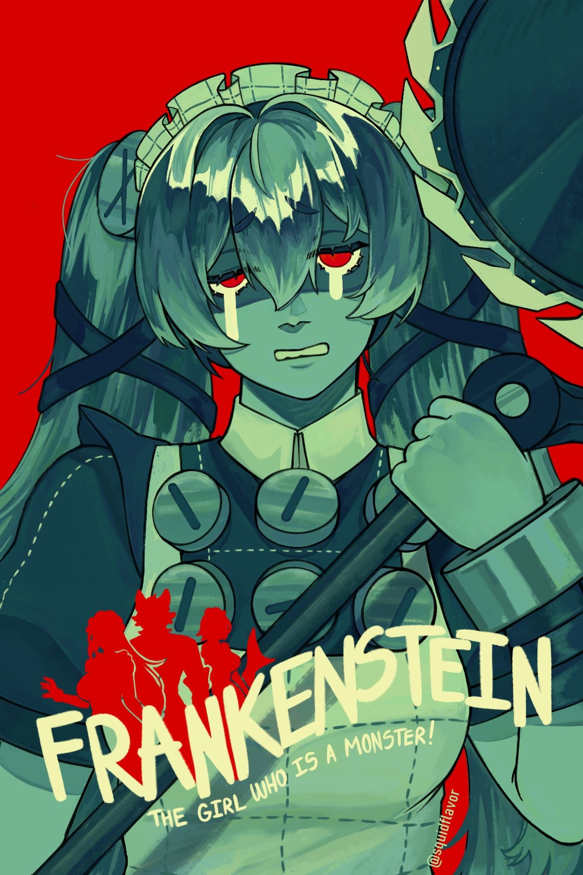 Corrin from ZZZ styled with red green color palette to reference old Frankenstein movie posters