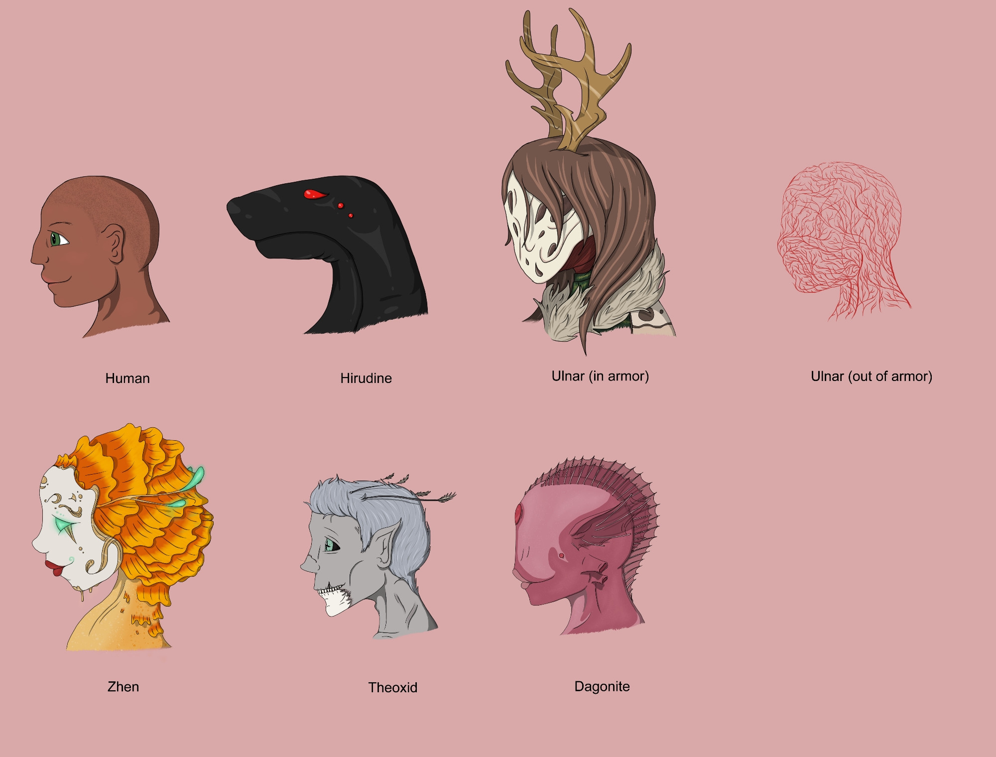 Several busts of different aliens: a human, a leech being with a jaw extending down the neck, a set of armor & the circulatory system piloting it, a fungal creature with a face like a venetian mask, an elf-like zombie with antennae, and a blind fish person. These are labeled "Human, Hirudine, Ulnar (in armor), Ulnar (out of armor), Zhen, Theoxid, & Dagonite."