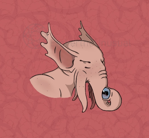 An alien with large scalloped ears, tentacles on its cheeks, and a trunk which is actually an eyestalk. What appear to be closed eyes are actually speaking mouths. This is a Deepsong.