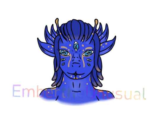 An alien known as an Almyra, blue with yellow markings. He has seven eyes, each of which contain two conjoined irises & pupils. Multiple nostril slits are on his nose, 3 sets of horselike ears fan out from his sides, and the lower jaw is bisected. His hair is made of many tentacles.