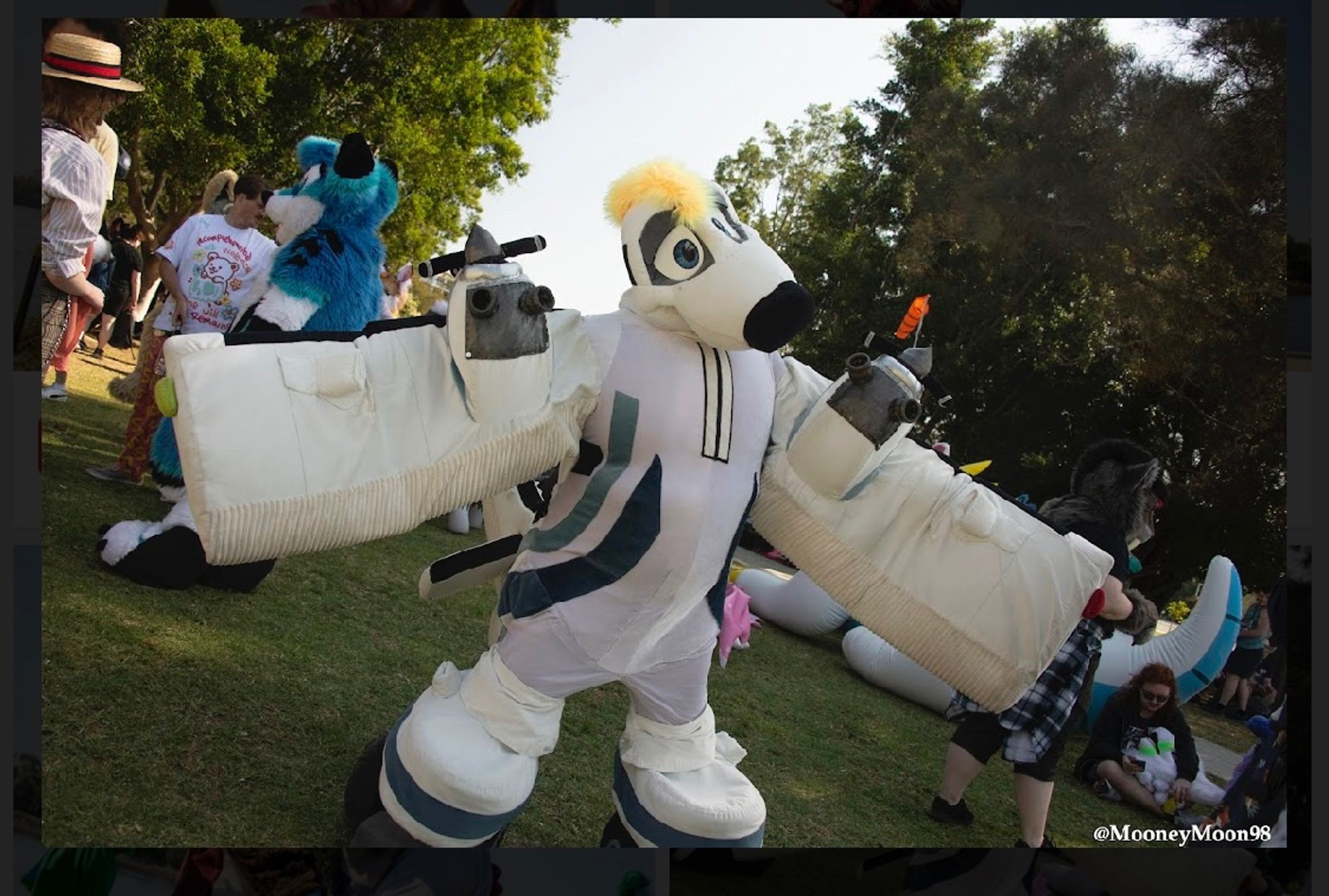 Anthropomorphic Nomad N22 plane fullsuit having fun at the FurJam BBQ in Sydney Australia.