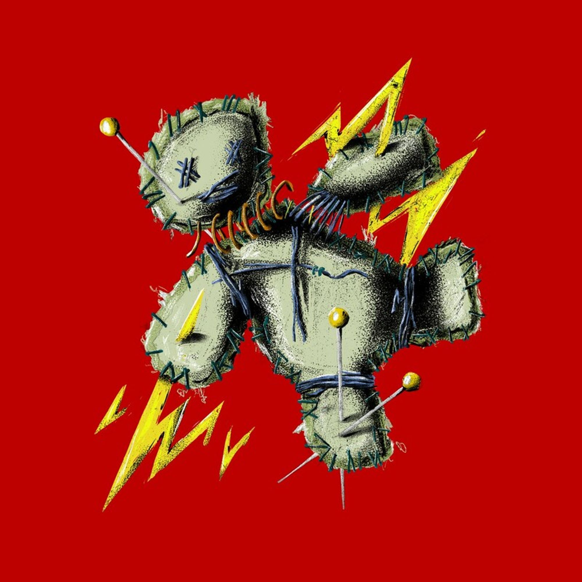 Illustration of pin-cushion teddy with yellow pins in it and lightning bolts around it, all in front of a red background.