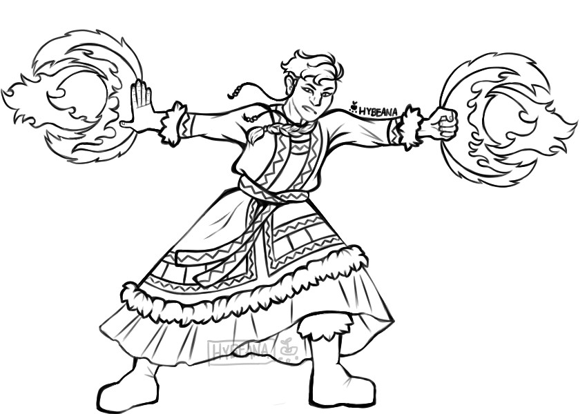 A digital, colorless lineart drawing of Amaruq. Amaruq is an ambiguously indigenous two-spirit person with Ainu, Siberian, and Inupiaq influences. His hair is cut into a wolftail and pulled back and up into a long braid with two smaller braids framing his face. He is wearing a long-sleeved shirt, calf-length overskirt, belt, and an ankle-length underskirt. Her shirt and overskirt are decorated with a serrated pattern along the cuffs, collar, and front. The cuffs of the shirt and bottom of the overskirt are lined with fur. His belt is tied at the front and bears the same serrated pattern. Her underskirt is wide, loose, and slightly raised due to the motion she is making, showing her boots. His boots are lined with fur. His stance is wide and stable, and his arms are held out straight on either side. Her left hand forms a fist, and her right hand is extended to show her palm, exuding her firebending from both. His firebending takes the shape of a crescent moon, with a large fireball nestled in the center. Her expression is concentrated as her hair whips around her face. The signature reads "hybeana" in all caps.