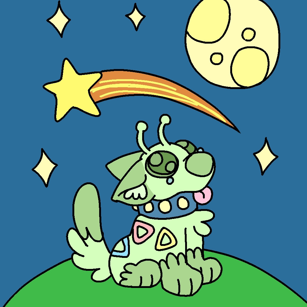 A digital drawing of Xenarthron sitting on a green hill, staring up at the moon and a shooting star. His antannae are thicker than his current design, and each of his paws have three toes. His tail is also fluffy and mammalian instead of being an antenna. The triangular rosettes along his body are pink, baby blue, and pastel yellow. His fur is a lighter, more muted tone of green than before. He is still wearing his chunky collar with light yellow studs.