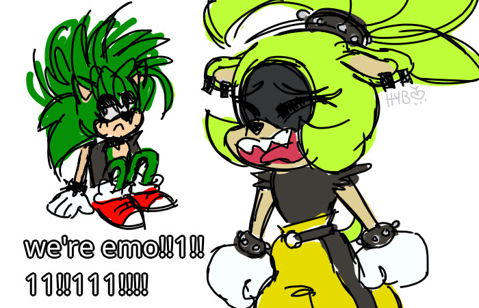 A digital drawing and meme redraw of Surge the Tenrec and Manic the Hedgehog. To the left in the background, Manic is sitting on the ground with his knees pulled to his chest. He is wearing a black vest, spiky black choker, and spiky black bracelets. He also has black eye makeup on and is frowning. To the right in the foreground, Surge is wearing her normal outfit and shouting "we're emo!" with a pained expression.