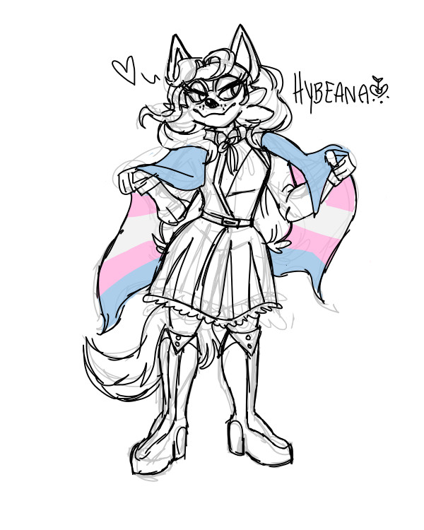 A digital drawing of Angelique the Coyote done on a white background with black line-art. She is wearing a long-sleeved coat, a skirt, and knee-high boots. Her hair is as long as her waist. She is holding a trans flag, draping it around herself like a cape. The trans flag is the only thing colored in on the drawing. The signature reads "hybeana" in all caps.