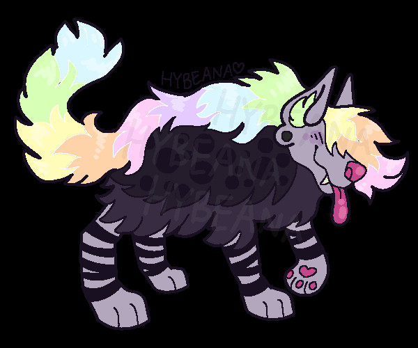 A quadruped anthro hyena sticking out its pink tongue. It has a rainbow mane that continues down its back and into a tail. Its main body is a dark purple-gray with black spots, and its legs are a light purple-gray with stripes. Its hair covers its face and it's blushing slightly. The signature reads "hybeana" in all caps.