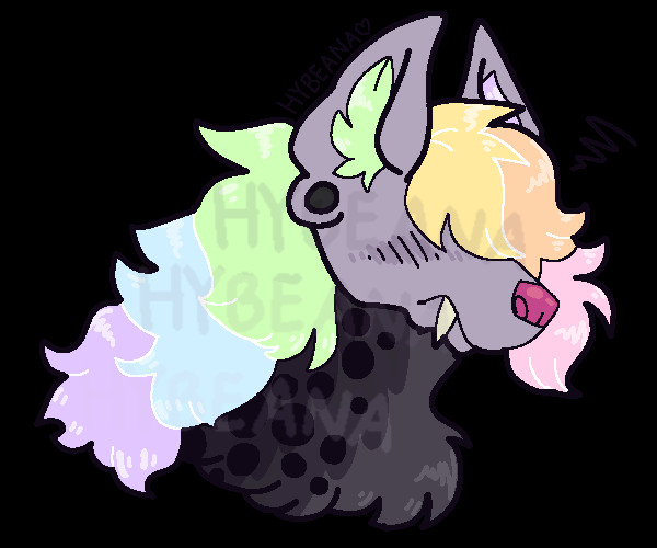 A bust of an anthro hyena. It has pastel rainbow hair that covers its face and eyes. It head is a light purple-gray, and its neck is a dark gray with black spots. One large fang peaks out from under its lips in an irritated expression. It's also blushing, slightly. The signature reads "hybeana" in all caps.