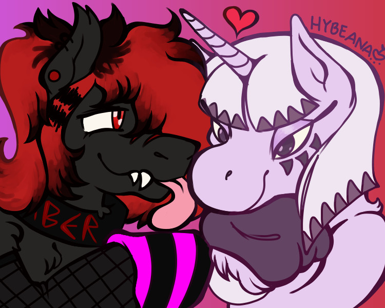 A digital drawing ordered by an anonymous commissioner. On the left, a pony with a black coat and a red, emo-style mane. He is wearing a black collar with red illegible text, fishnet stockings, and striped black and magenta socks. On the right, a unicorn with a pale lavender coat and a white, bob-style mane. She has dark purple legwarmers and dark purple, triangular markings under her eyes. There are also triangular markings at the tips of her hair. The pony is licking the unicorn's cheek and looking at her tenderly. The signature reads "hybeana" in all caps.