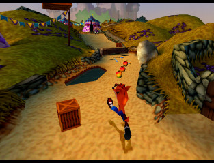 Crash Bandicoot doing his signature moving away from the camera run to collect wumpa fruits while in the medieval times.

Crash getting turned into a frog or kissed by a frog actually scared me as a kid. Is that why I have a slight tf thing these days? I dunno!! Crash go spinny.