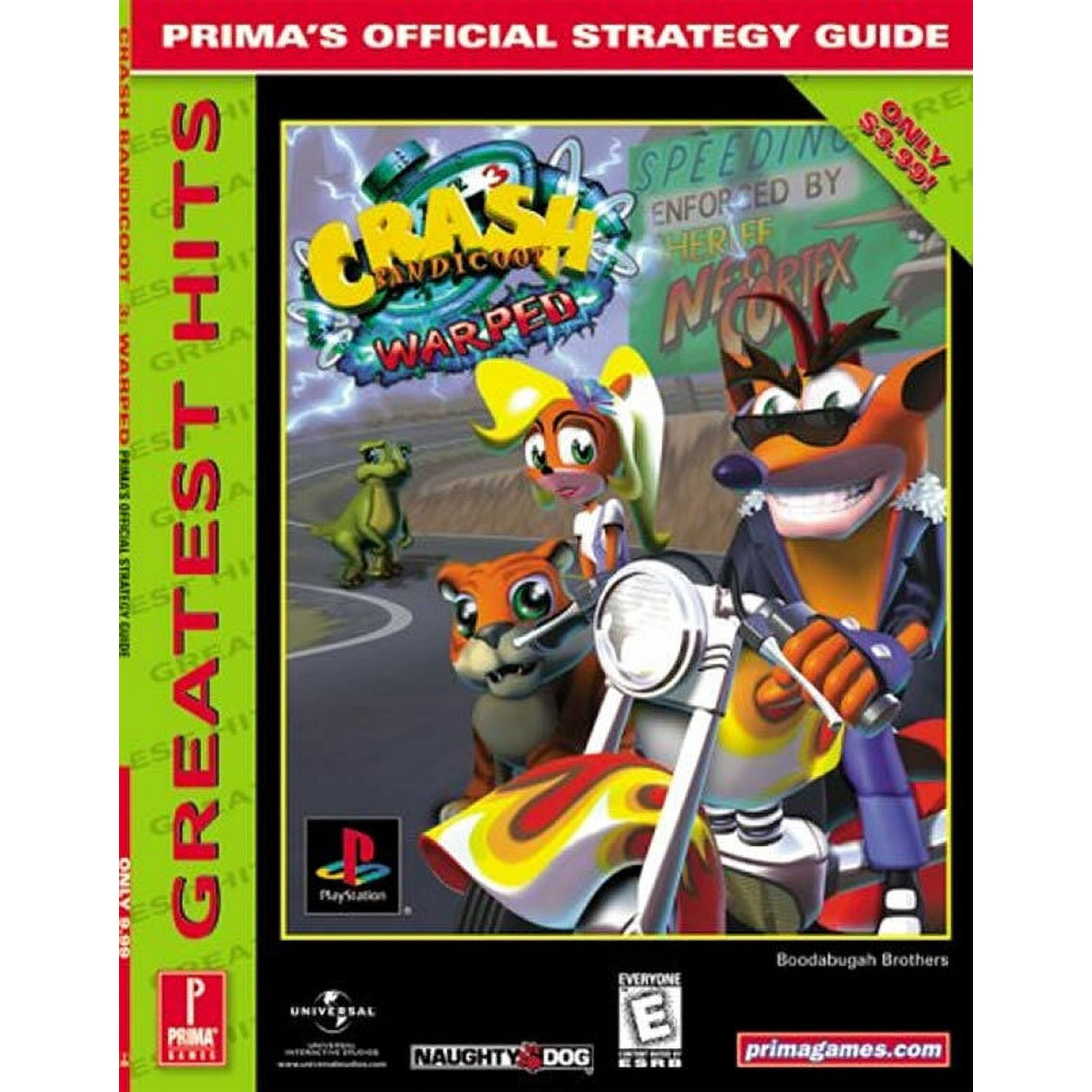 The Crash 3 strategy guide and cover art of the game showing Crash Bandicoot on a motor bike dressed like a terminator. Coco looks weird in this, I think it's the lips.

Fun fact! I still own (most of) this strategy guide! It's one of my first and a prized possession even though it is absolutely shameful torn-to-pieces condition.