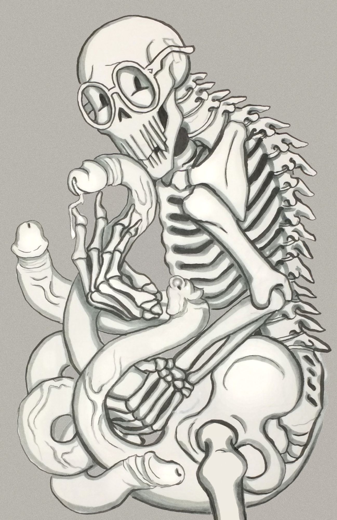 Horrortale Papyrus looks tenderly at the viewer from the side, shyly cradling the enormous nest of tentacle-dicks sprouting excitedly from his pelvic area. This drawing is in shades of toned grey.