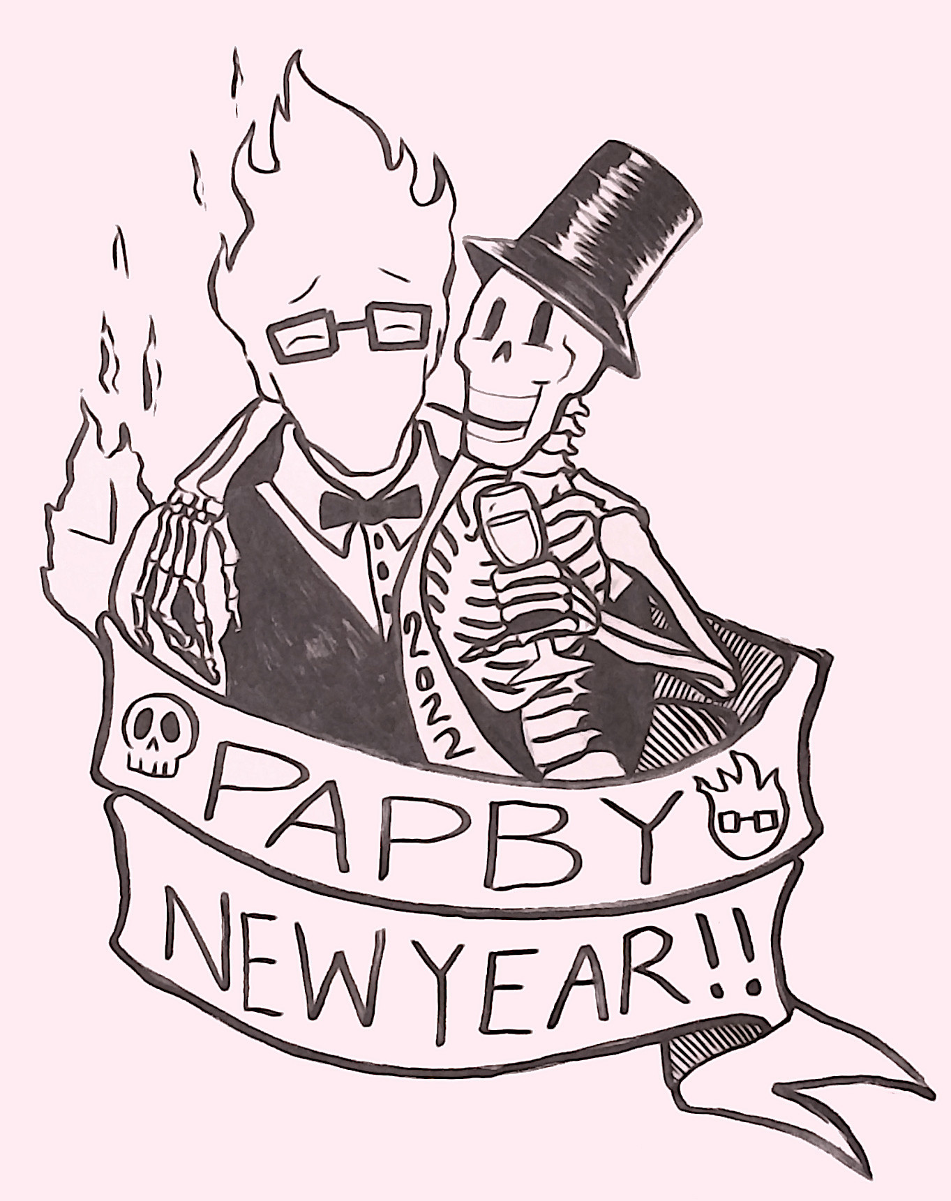 Papyrus, nude except for a top hat and a sash, slings an arm around Grillby while holding a glass of champagne. a banner wraps around underneath that reads, "PAPBY NEW YEAR!"