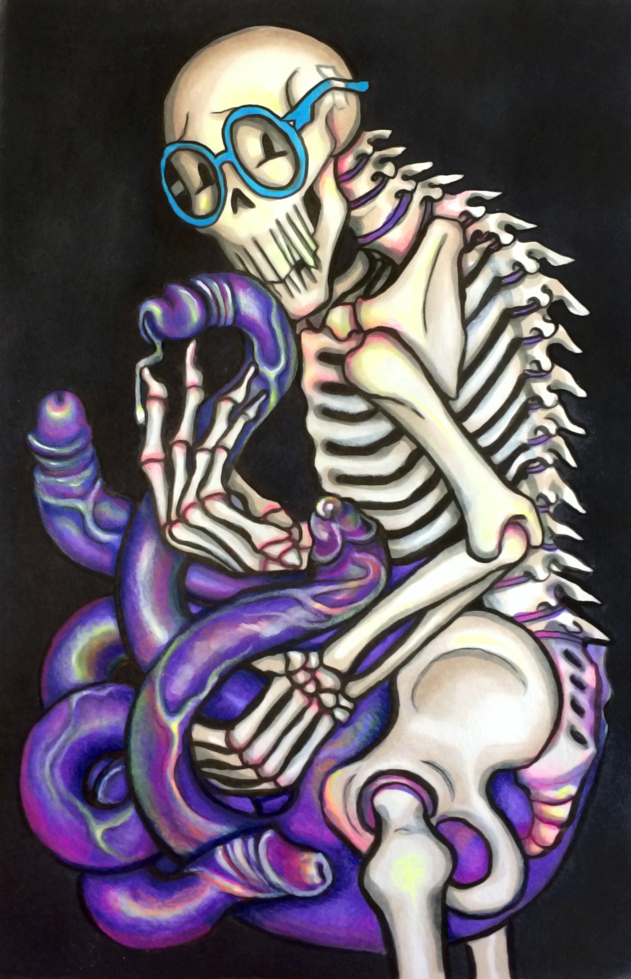 Horrortale Papyrus looks tenderly at the viewer from the side, shyly cradling the enormous nest of tentacle-dicks sprouting excitedly from his pelvic area. This drawing is colored with many iridescent tones and has a black baxckground.