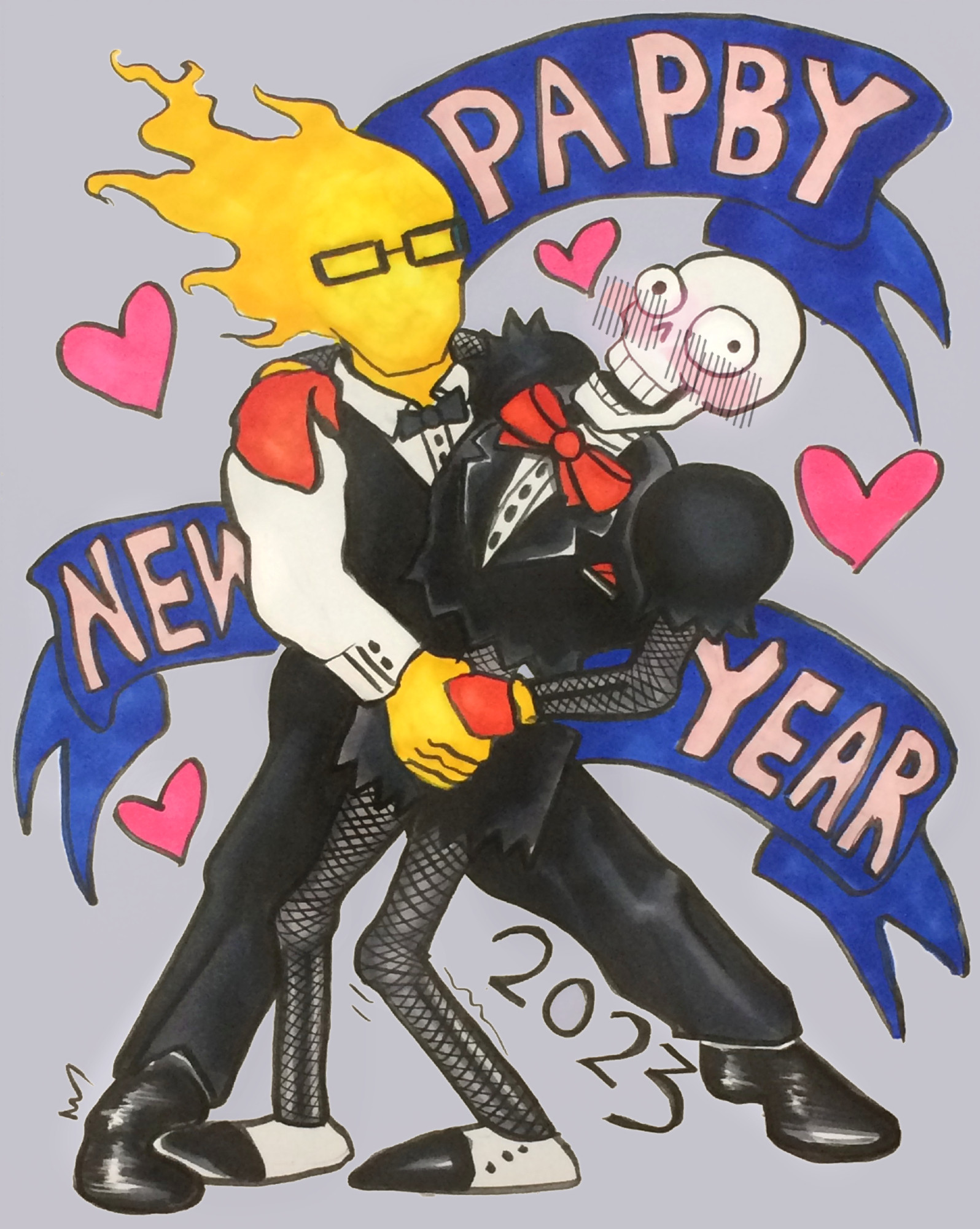 Grillby attempts to dip an extremely flustered Papyrus as if they are dancing, but Papyrus is too stiff. He is also stepping on Grillby's foot. A banner behind them Reads, "PAPBY NEW YEAR!" 
Also Papyrus's tux has been Papy-rized via cutoff sleeves, pant legs, and with big balloon shoulders.