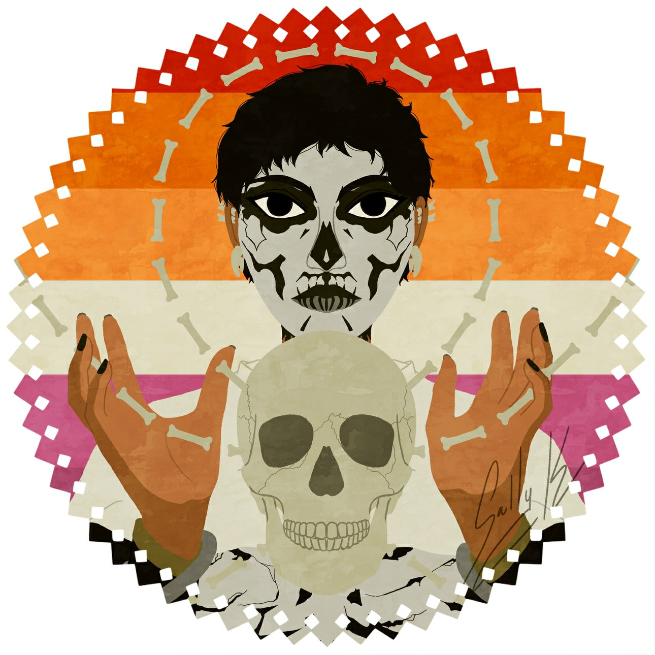 Digital drawing of Harrow from the chest up inside a circular frame. She's summoning a skull, which floats between her hands; small bones surround her head like a halo and then go between her fingers. She's looking towards the viewer, expression solemn. The background is the lesbian flag.