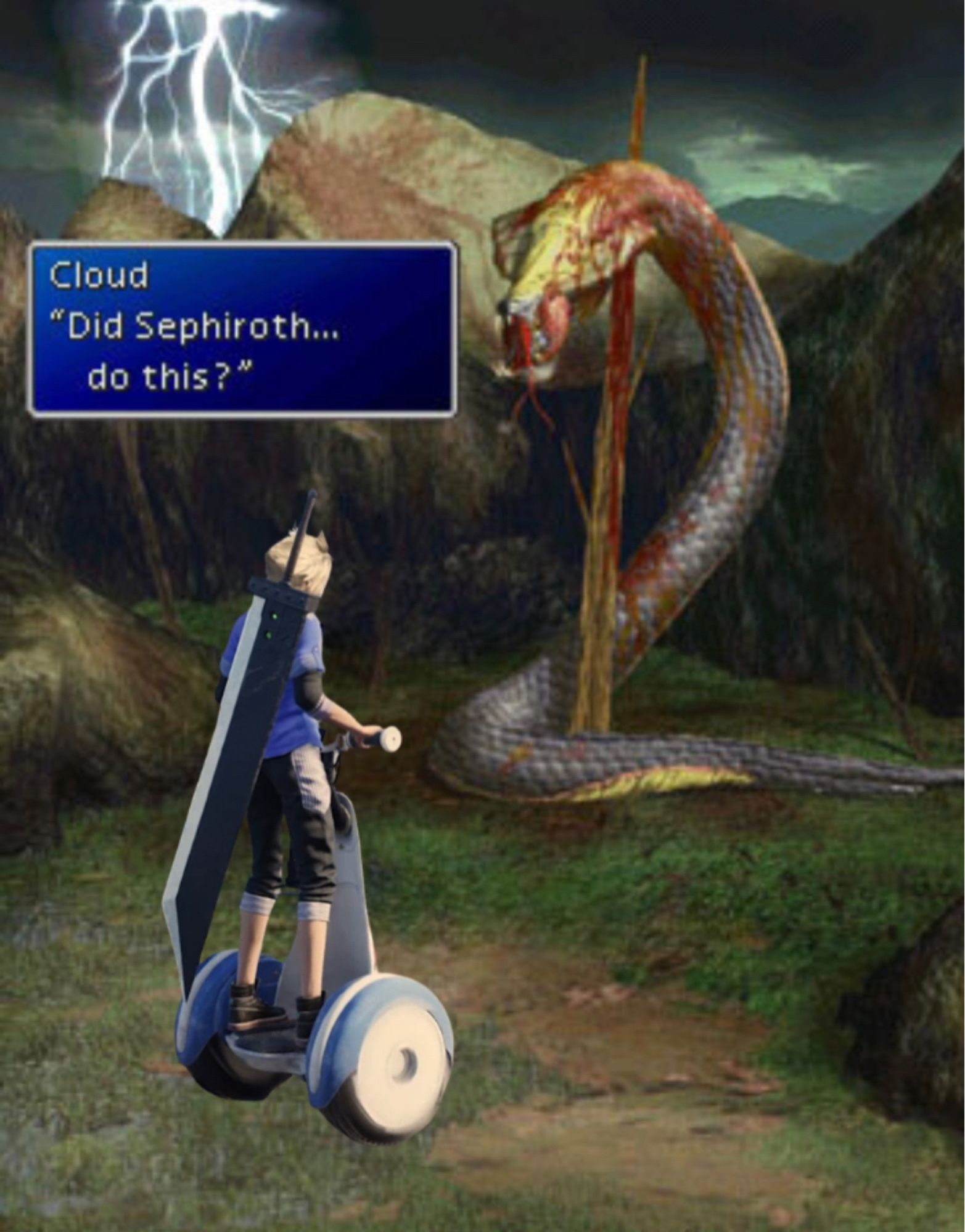 Cloud rides a wheelie to the corpse of the Midgar Serpent and questions if Sephiroth was the one to kill it