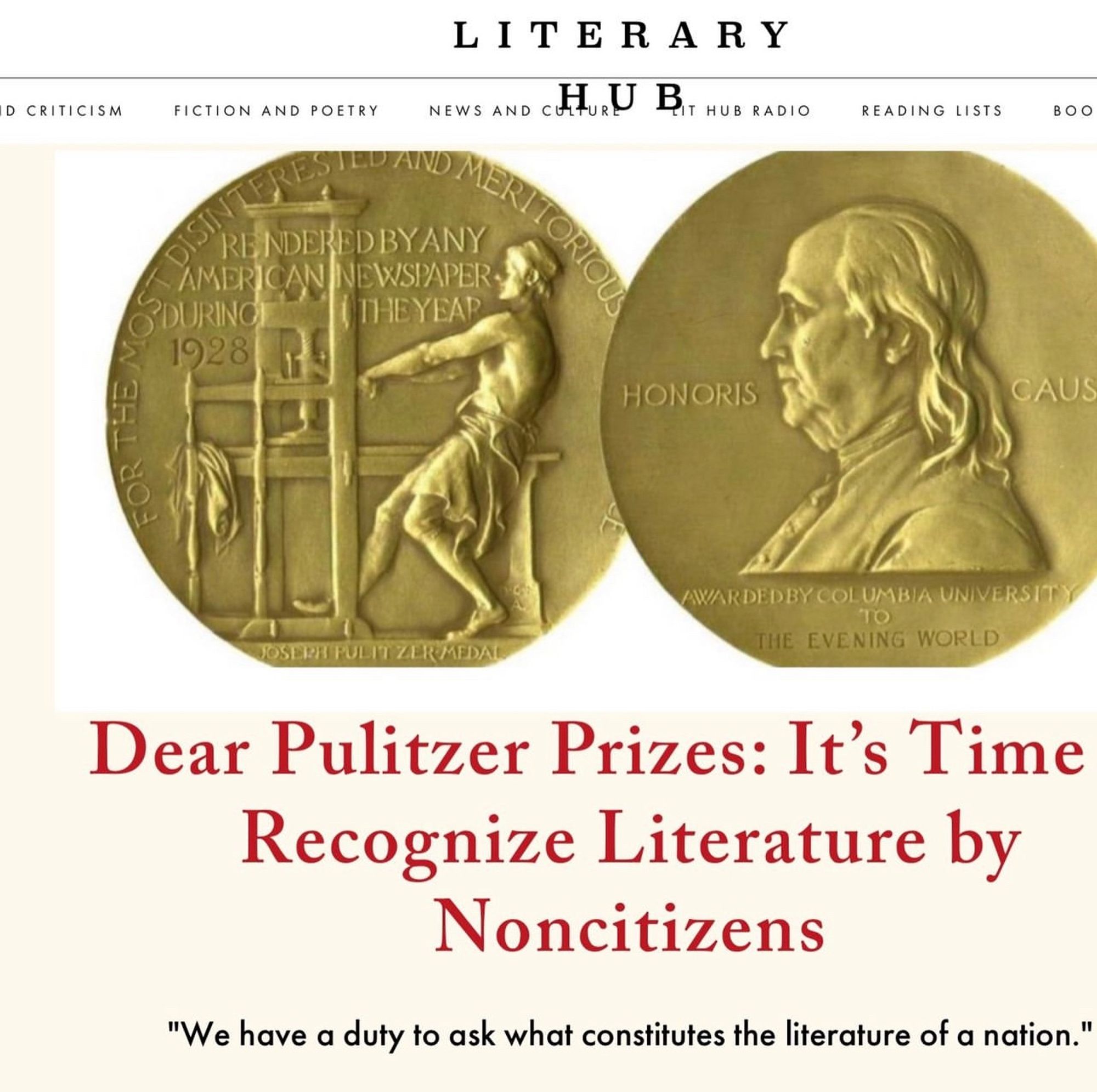 “Dear Pulitzer Prizes: It’s Time to Recognize Literature by Noncitizens”