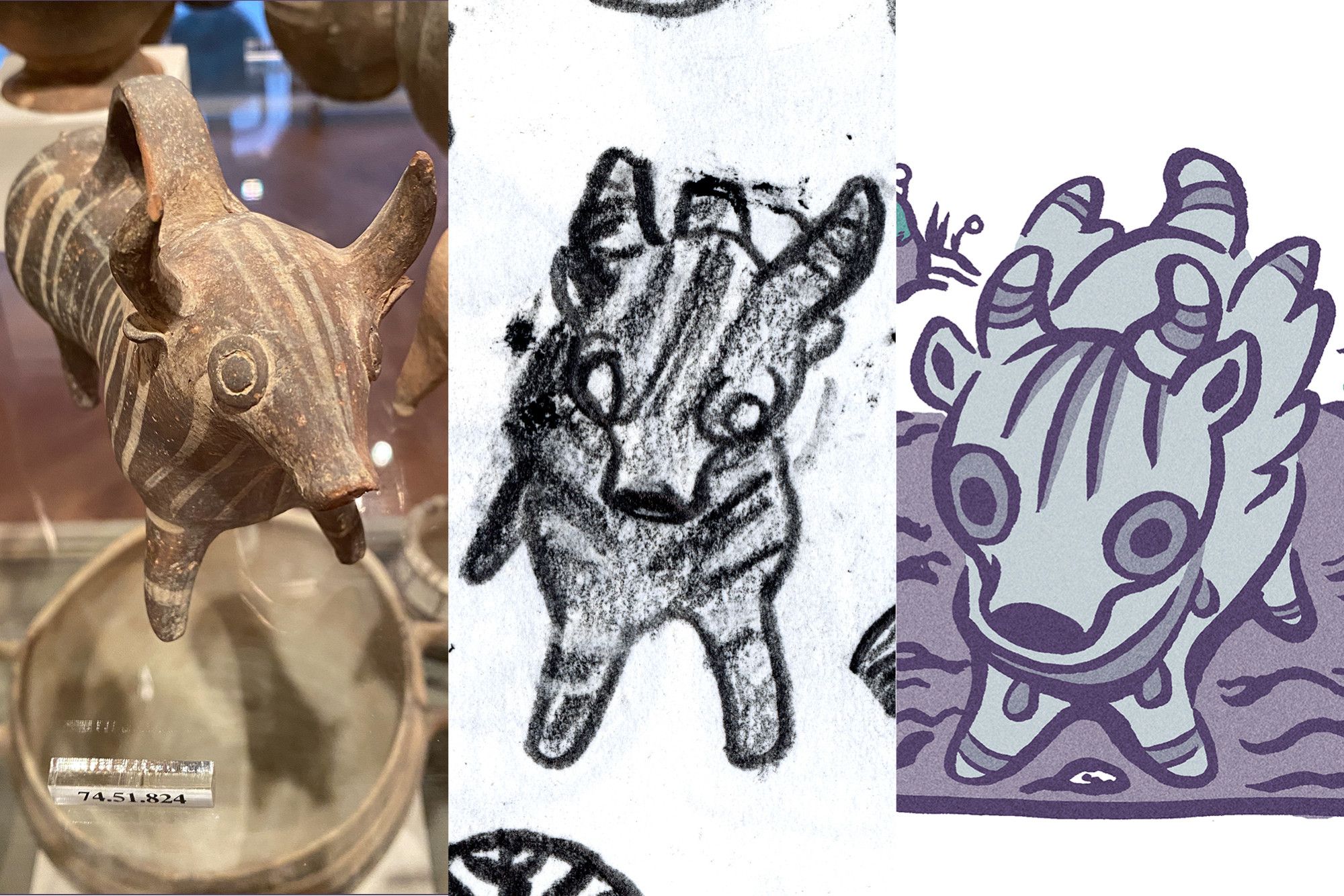 collage of a photograph of a clay figure of a bull, a rough drawing of the clay figure, and a comic panel inspired by it.