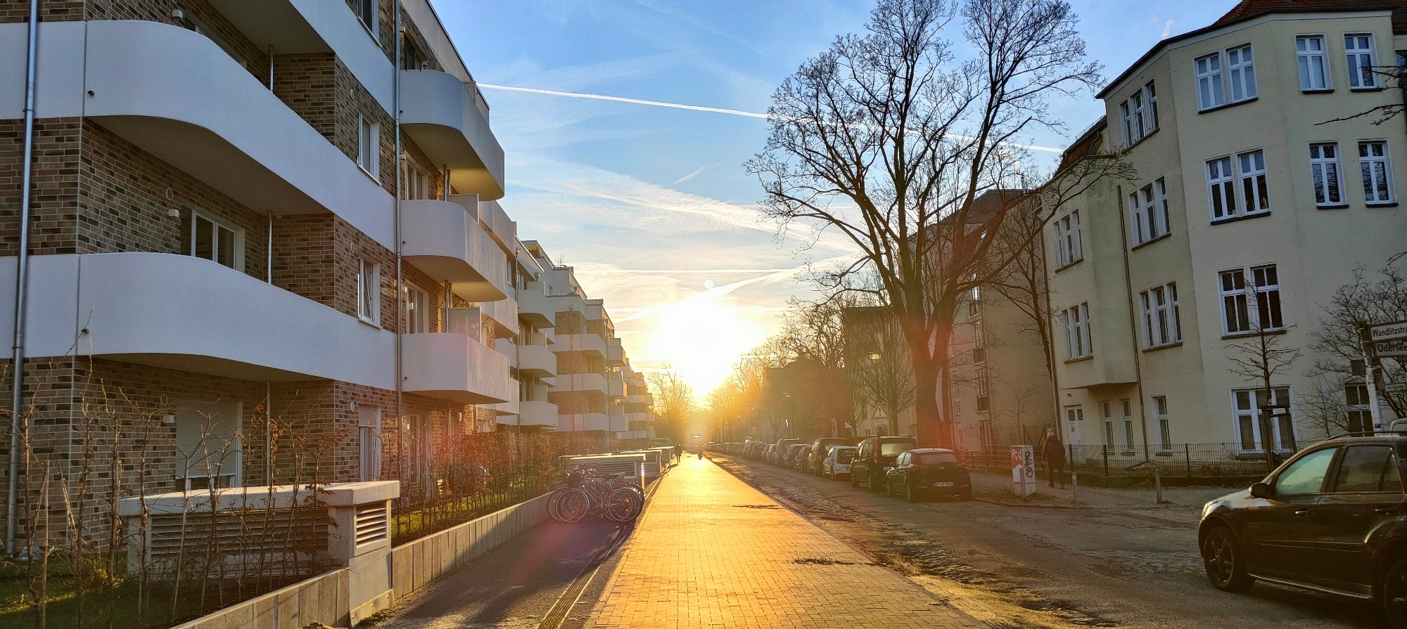 Sunrise on a Berlin street in winter