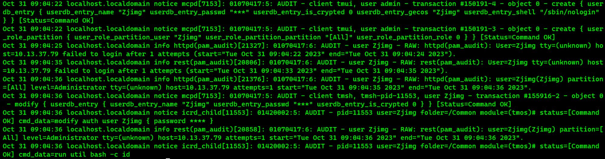 A screenshot of the logs from an F5 device being exploited via CVE-2023-46747