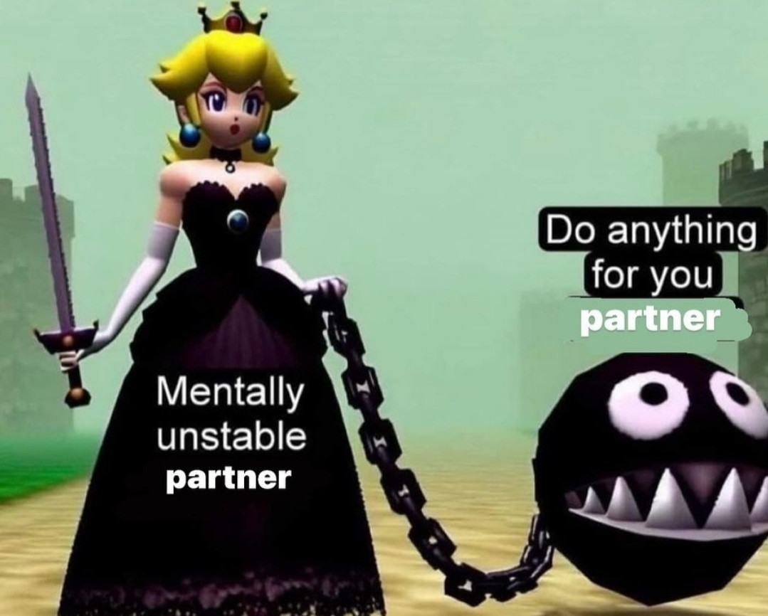 goth princess peach holding a sword and a chainchomp on a leash. Peach is labeled as "mentally unstable partner and the chainchomp is labeled "do anything for you partner"