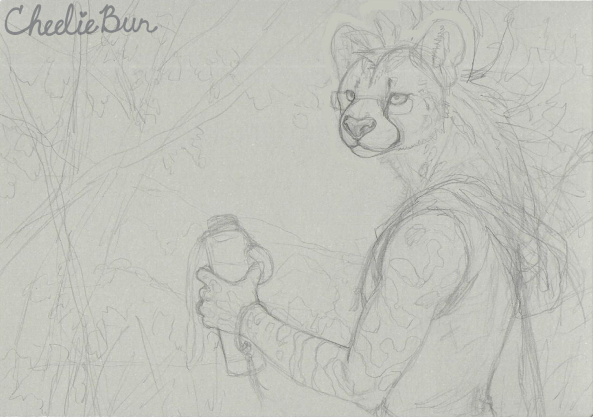 Rough sketch of an anthro king cheetah with glasses. He's wearing a hoodie and holding a water bottle while looking forward, into the distance. There's trees and mountains in the background behind him. Its on light grey paper and the character's head has been digitally shrunk slightly because cheelie drew it too big.