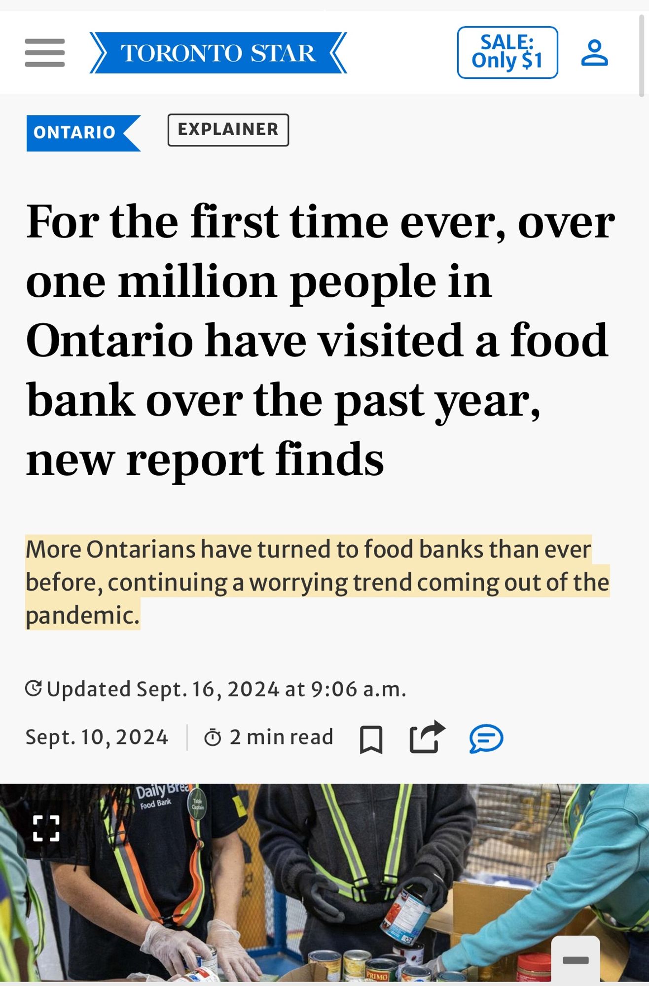 Headline from Toronto Star about food bank use in Ontario topping a million people.