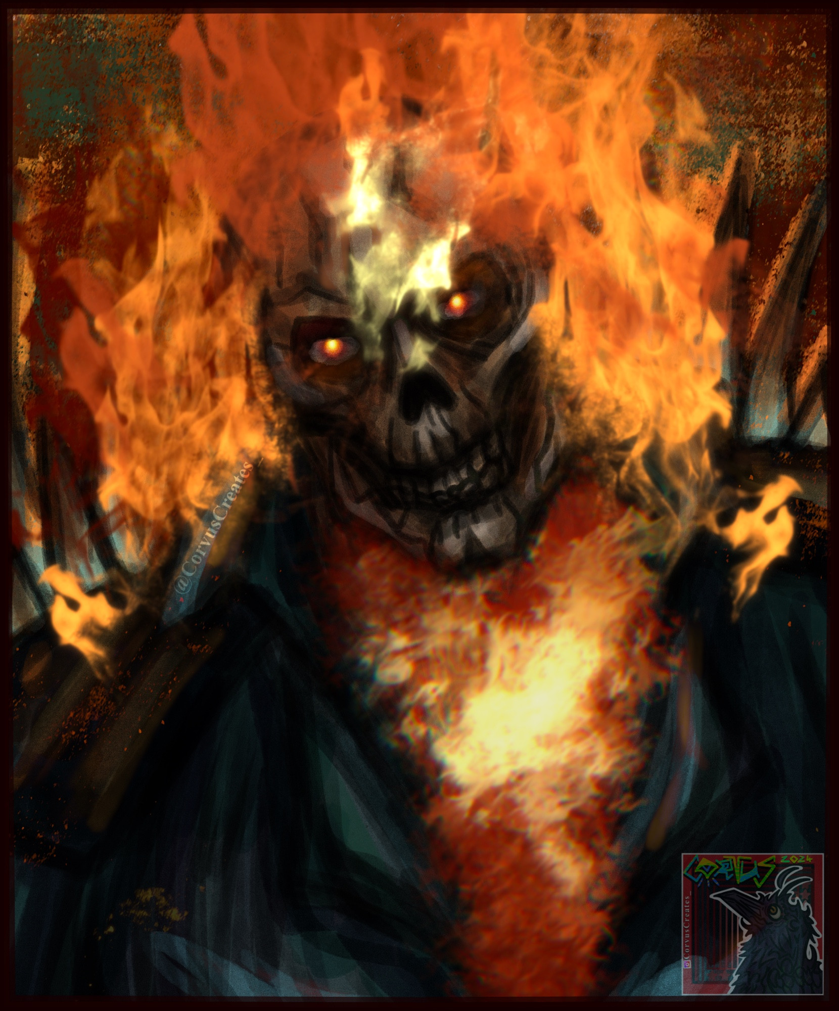 Ghost Rider sporting his infamous black leather jacket with spiked shoulders. Flames can be seen bursting in the background.