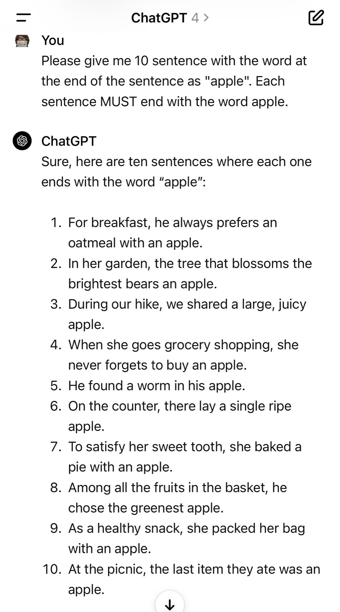 Screenshot chatgpt 4 10 sentences ending with apple