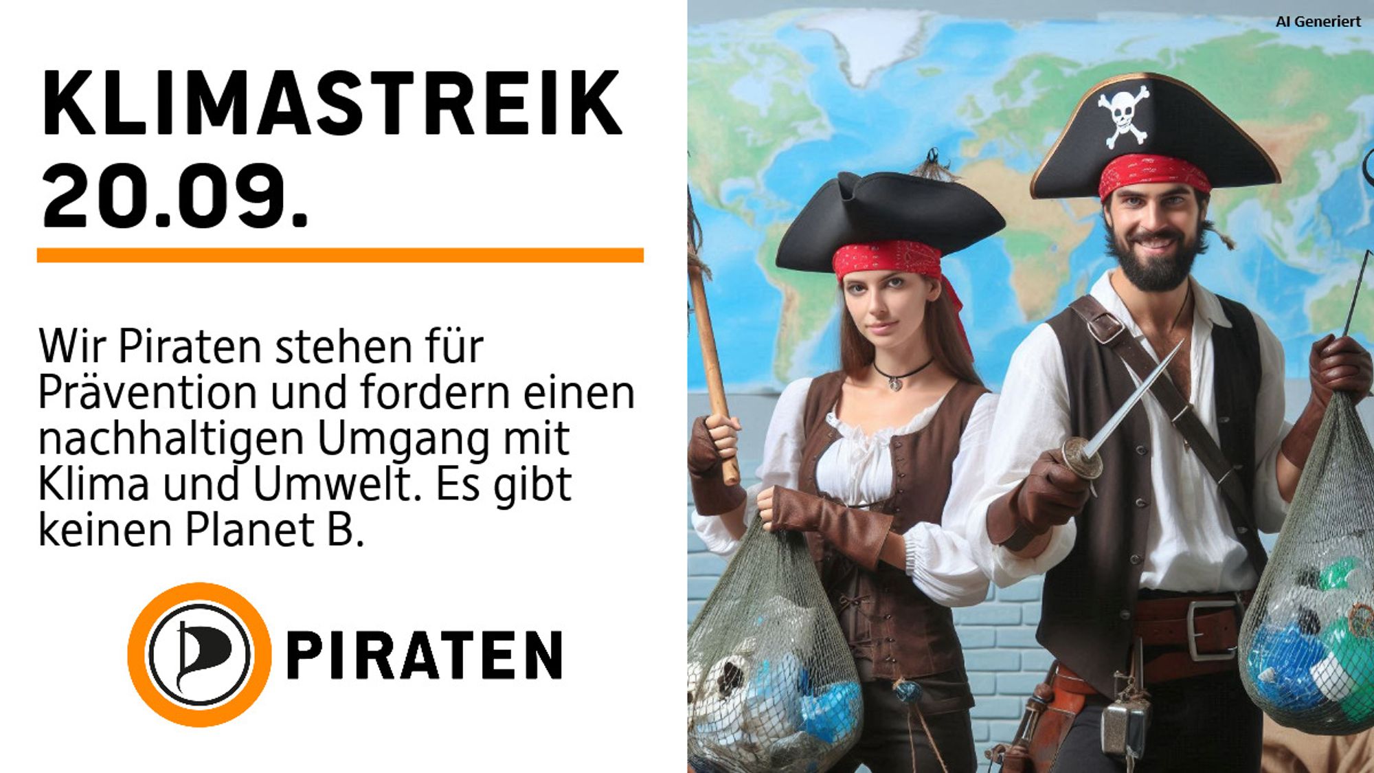 Links eine Weißblende mit folgendem Text: Klimastreik 20.09. Wir Piraten stehen für Prävention und fordern einen nachhaltigen Umgang mit Klima und Umwelt. Es gibt keinen Planet B. Logo der Piraten Orangener Kreis  über einem Schwarzen mit einem P in Segelform im Zentrum Rechts daneben ein AI Generiertes Bild von Piraten die Müll sammeln. Die Piraten tragen Messer und Harpune und haben eine typische Kopfbedeckung auf.