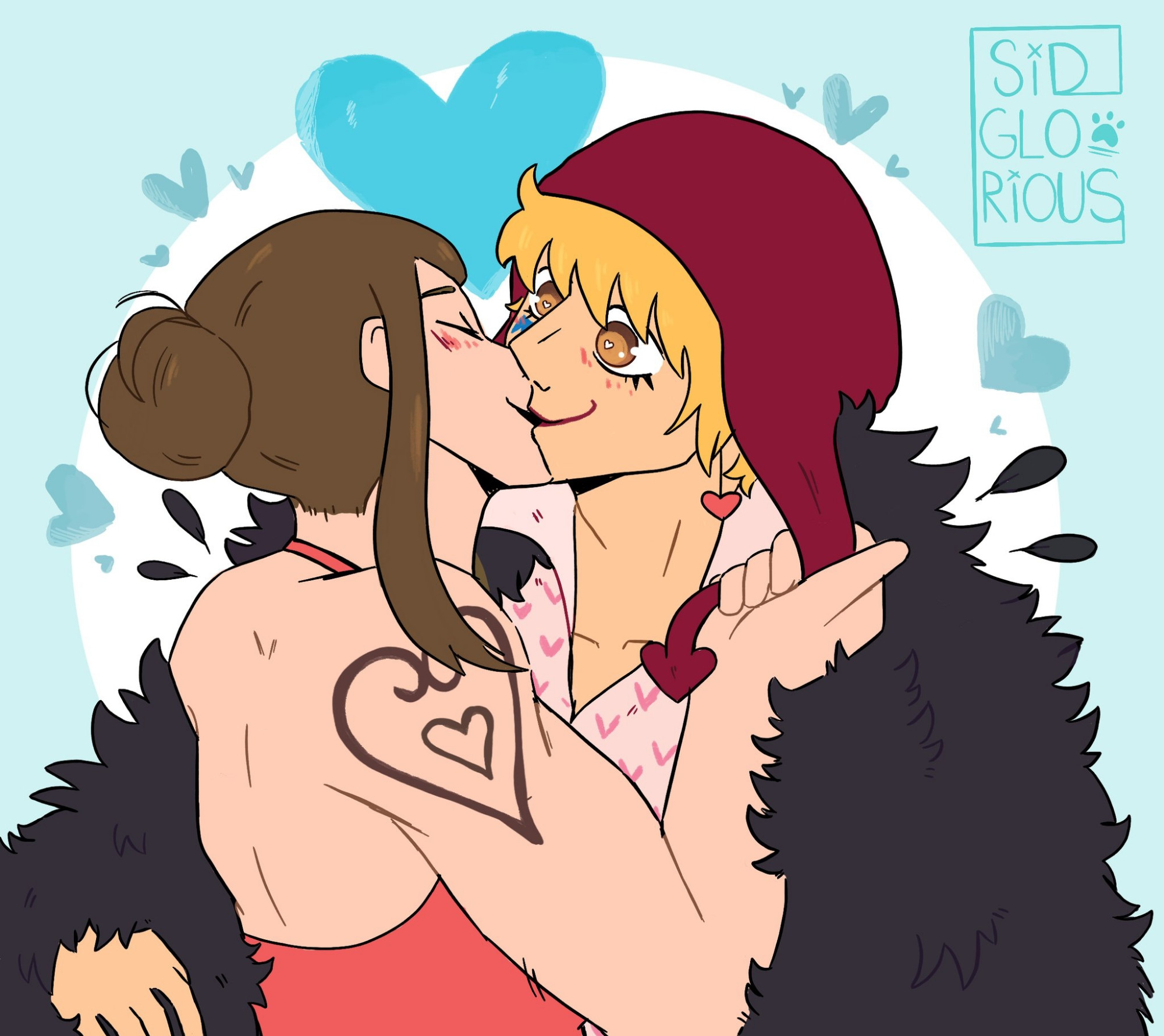 Digital illustration of Rosinante from One piece kissing a brown hair muscular woman 