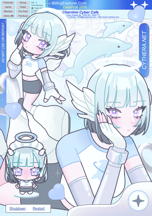 angel robot girl with cyber dolphin themed art inspired by early 2000s indonesian cyber cafe aesthetics