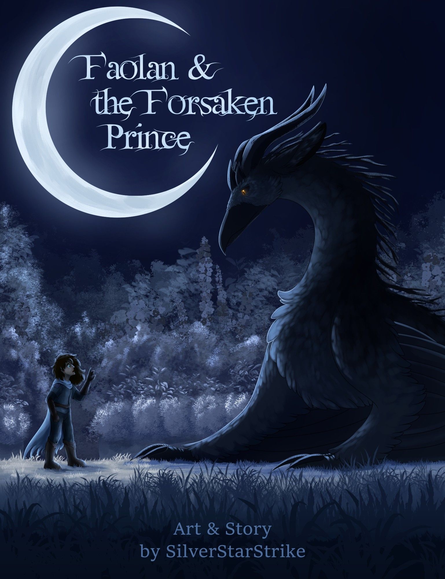 Faolan (a nonbinary human with green eyes and brown hair) looks up to Crow (a black corvid horned wyvern) with a wide eyed expression. They slightly hold up a hand as Crow looks down at them with a solemn look in his eyes. Behind them is a grayed out garden with a crescent moon and the title "Faolan and the Forsaken Prince."