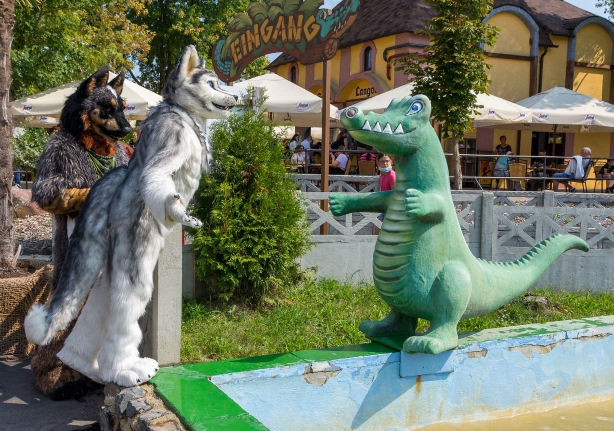 Two canine fursuiters encountering a toony crocodile statue.