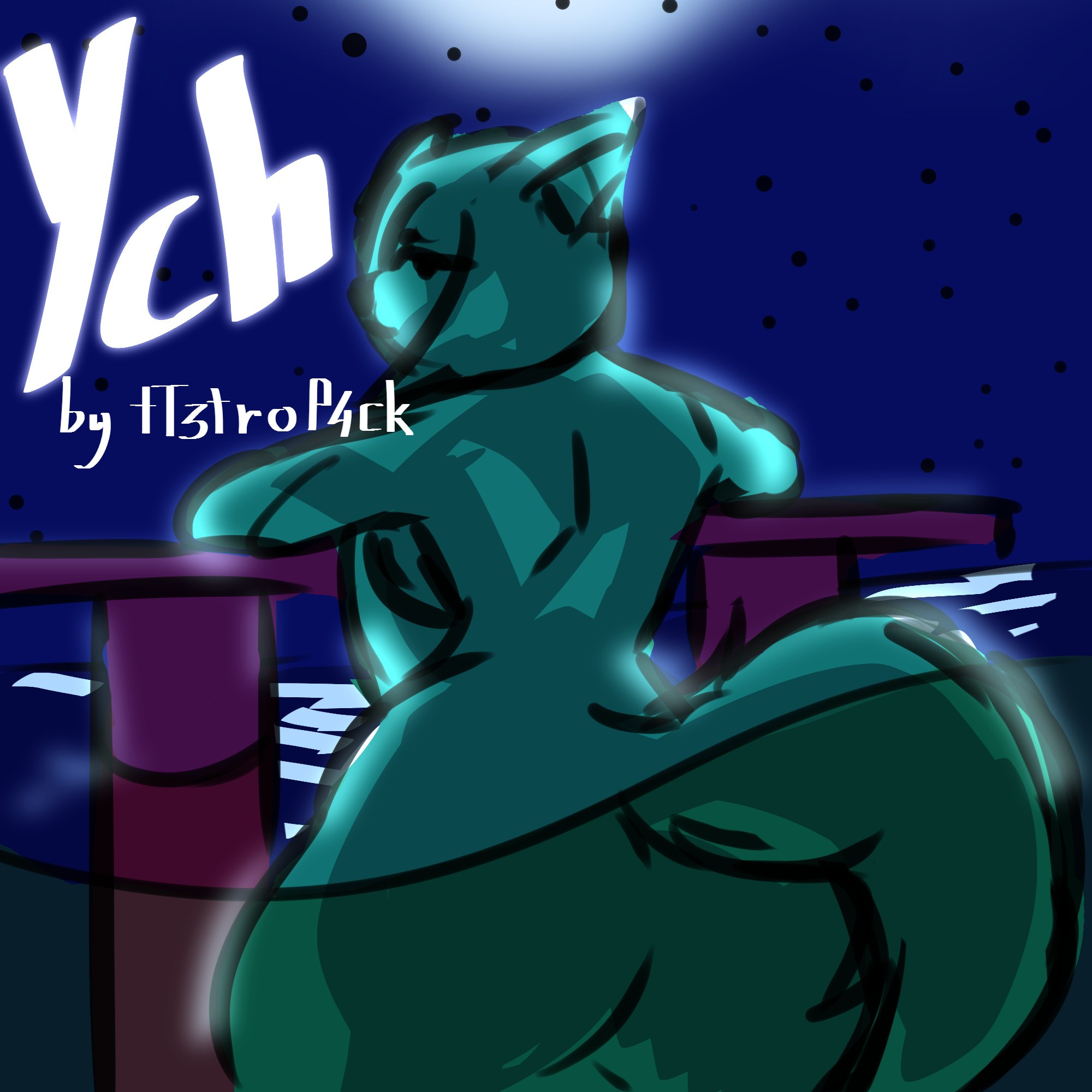 A furry girl with a big booty stands with her back to the viewer in the water near the pier,in front of the colorful night sky and she mysteriously looks back