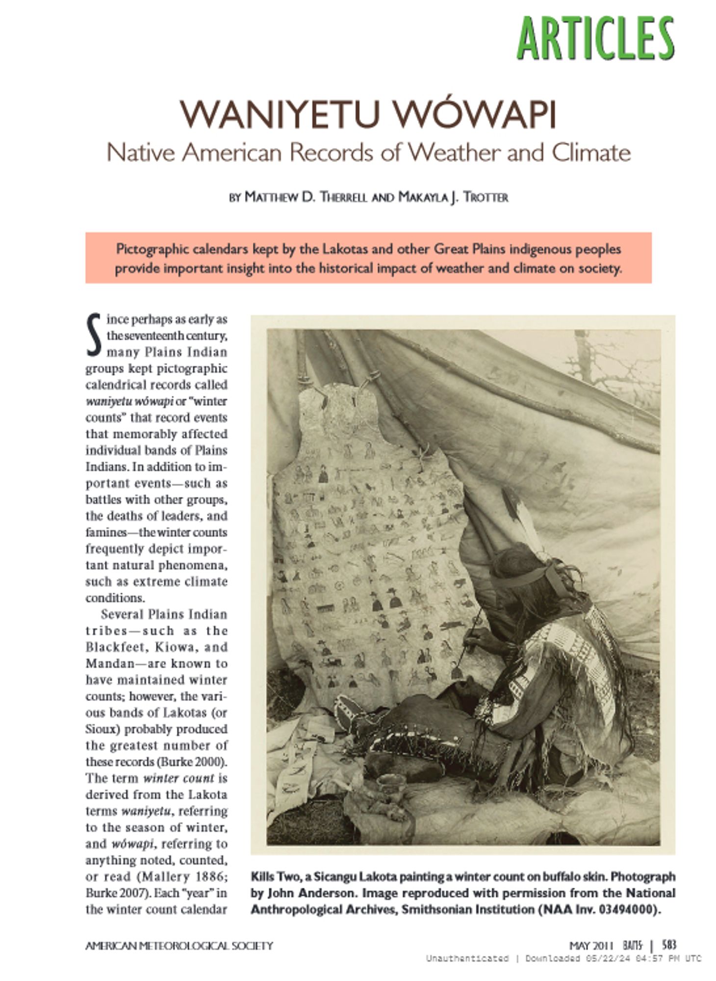 First page for "Therrell, Matthew D., and Makayla J. Trotter. "Waniyetu Wówapi: Native American records of weather and climate." Bulletin of the American Meteorological Society 92, no. 5 (2011): 583-592."